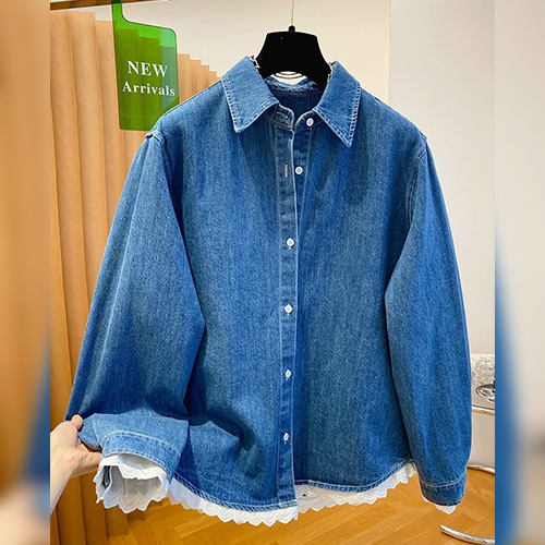 [당일발송] 레이스 루즈핏 데님 셔츠