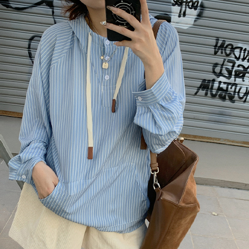 ◈[당일발송] 캐주얼 스트라이프 후드 셔츠