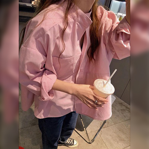 오버핏 스탠드넥 핑크 셔츠