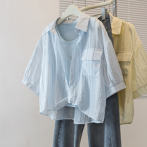 ◈[당일발송] 루즈핏 스트라이프 카라 셔츠&이너 나시 2SET