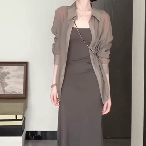 ◈[당일발송] 시스루 무드 긴팔 셔츠&끈나시 슬림 원피스 2SET