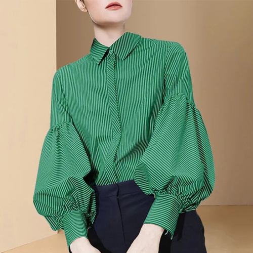 스트라이프 벌룬 슬리브 셔츠