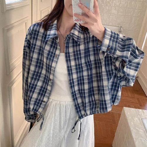 ◈[당일발송] 체크 크롭 간절기 아우터 셔츠