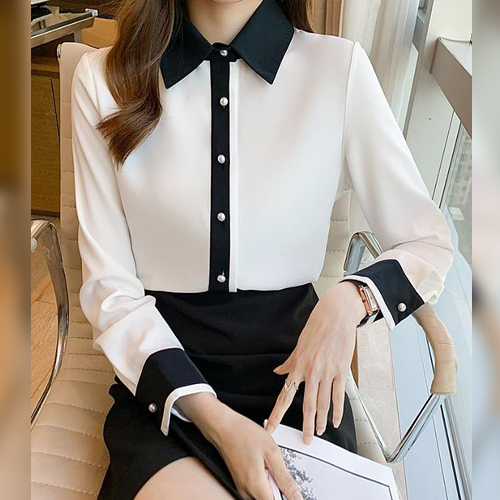 배색 포인트 카라 블라우스