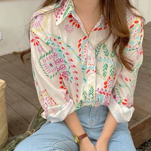 컬러풀 패턴 카라 버튼 셔츠