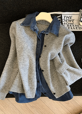 니트 가디건 믹스 데님 셔츠