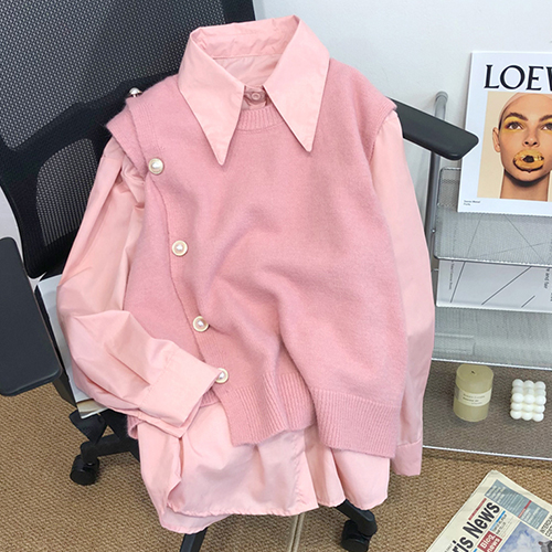 진주 포인트 언발 베스트&셔츠 2SET