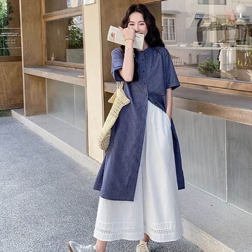 내추럴 체크 롱 셔츠&와이드 밴딩 팬츠 2SET