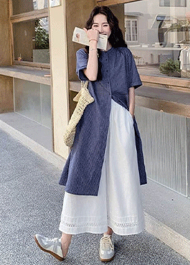 내추럴 체크 롱 셔츠&와이드 밴딩 팬츠 2SET