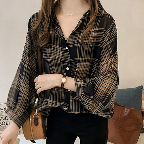 루즈핏 언발란스 라인 체크 블라우스