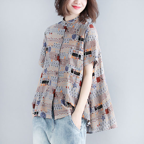 ◈[당일발송] 기하학 패턴 헨리넥 블라우스