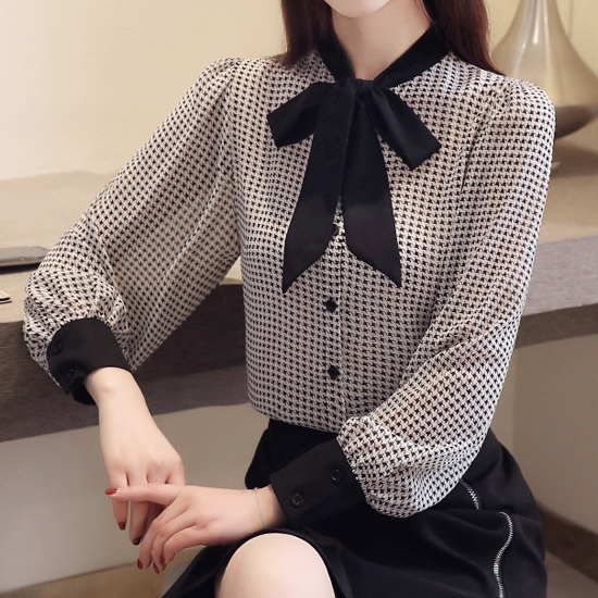 [당일발송] 배색 리본 체크 블라우스