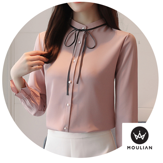 배색 리본 차이나 카라 블라우스