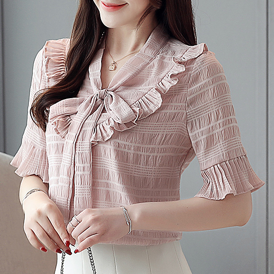  프릴 리본 스트라이프 쉬폰 블라우스