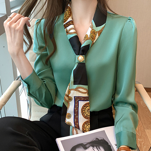 ◈[당일발송] 패턴 스카프 실키 블라우스