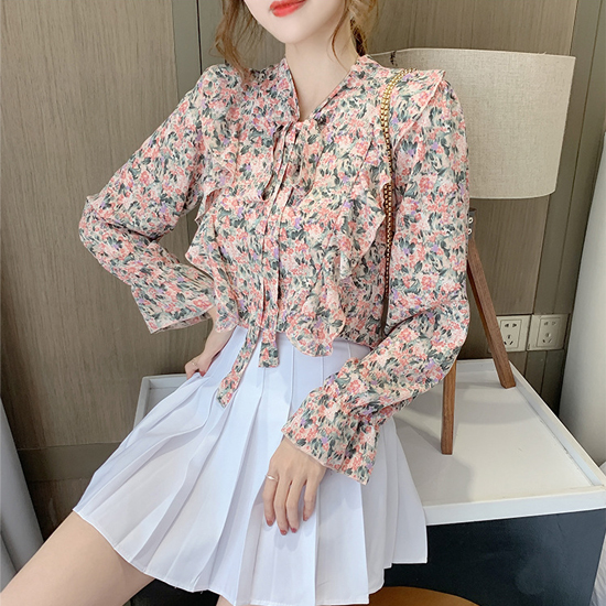 ◈[당일발송] 타이 플라워 프릴 블라우스