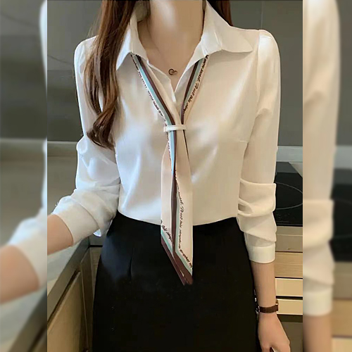 [재입고] 롤업 소매 스카프 카라 셔츠 블라우스