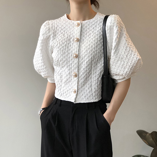 퍼프 진주 버튼 블라우스 