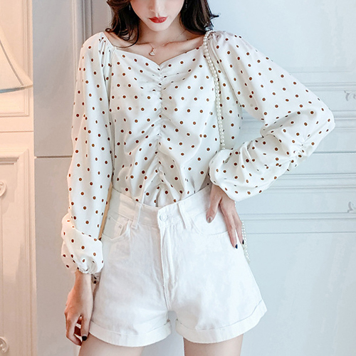 ◈[당일발송] 브이넥 셔링 도트 블라우스 대응[BL#4236]