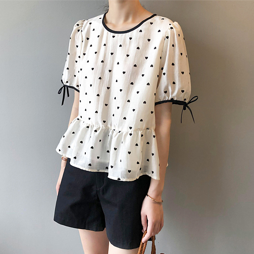◈[당일발송] [BL#4250] 하트 패턴 페플럼 블라우스