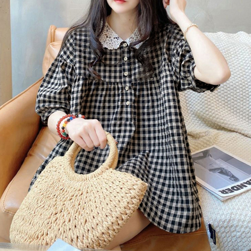 레이스 카라 깅엄 체크 블라우스