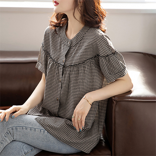 ◈[당일발송] 핸리넥 체크 A라인 블라우스