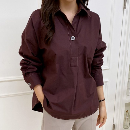 100% 코튼 스티치 라인 카라 블라우스