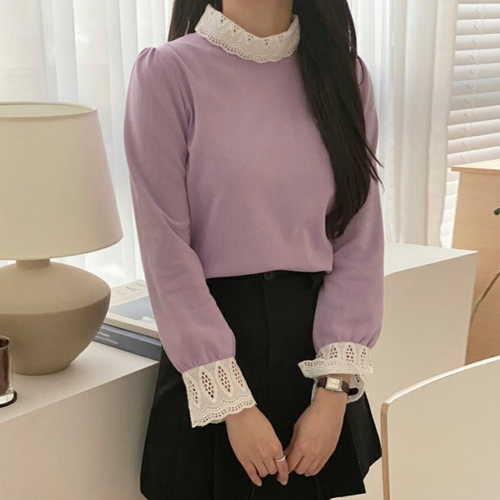 레이스 배색 블라우스