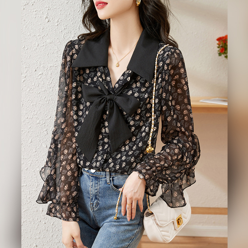 ◈[당일발송] 플라워 패턴 쉬폰 카라 블라우스