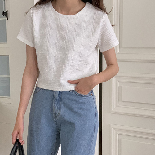 ◈[당일발송] 심플 트위드 크롭 반팔 블라우스