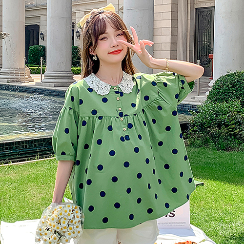 ◈[당일발송] 레이스 카라 도트 패턴 블라우스
