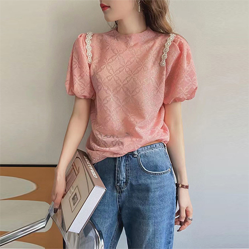◈[당일발송] 페미닌 진주 퍼프 반팔 블라우스