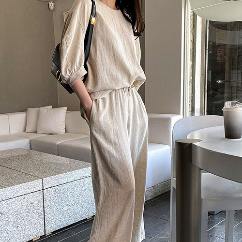 . [당일발송]심플 7부 린넨 블라우스+와이드 밴딩 팬츠 세트