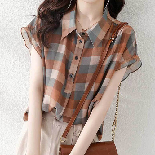 ◈[당일발송] . 클래식 사각 체크 카라 블라우스