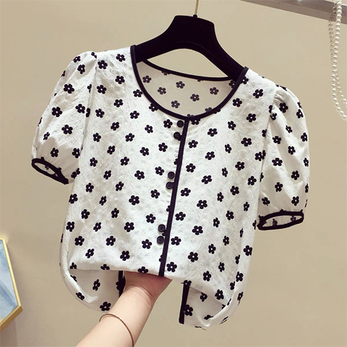 . ◈[당일발송] 패턴 플라워 라운드넥 퍼프 블라우스