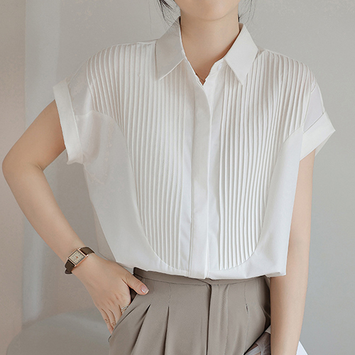 ◈[당일발송] 롤업 소매 핀턱 카라 블라우스
