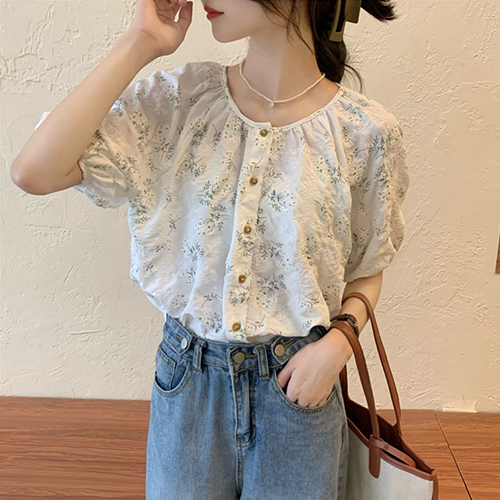 ◈[당일발송] 루즈핏 플라워 라운드넥 셔링 블라우스
