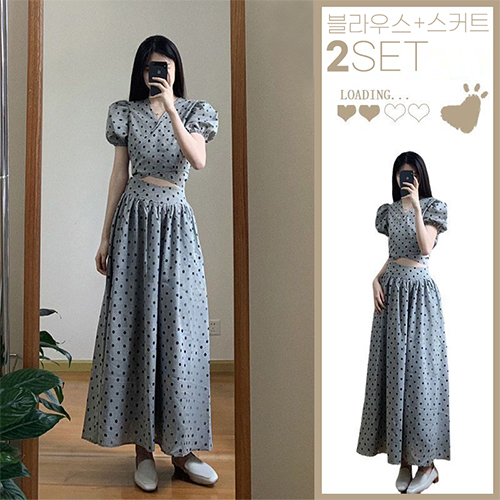 ◈[당일발송] 클래식 체크 도트 블라우스+플레어 롱 스커트 세트