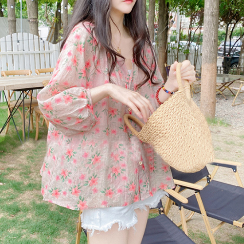 ◈[당일발송] A라인 린넨 플라워 7부 블라우스