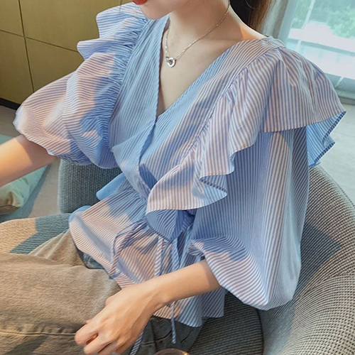 ◈[당일발송] 빅프릴 브이넥 랩 블라우스