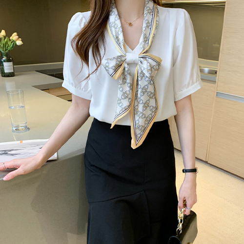 ◈[당일발송] 스카프 장식 브이넥 쉬폰 블라우스