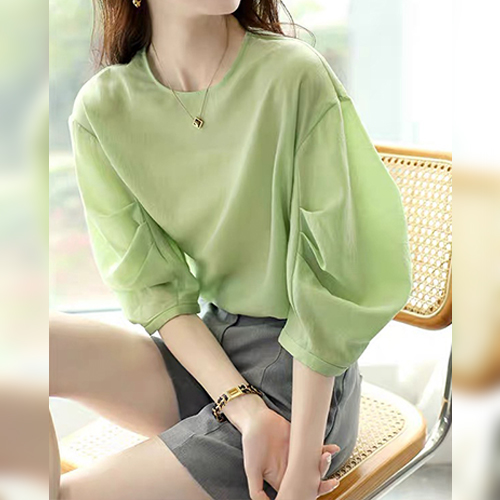 [당일발송]볼륨 셔링 소매 라운드 블라우스