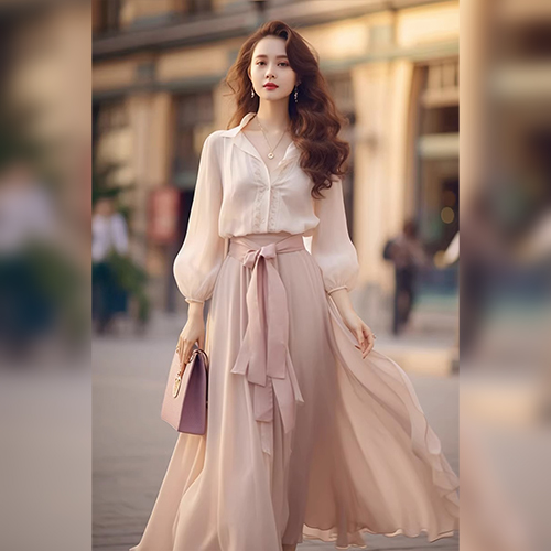 ◈[당일발송] ★수요특가 자정마감 50%★여리한 카라 블라우스 스트랩 플레어 롱 스커트 2SET