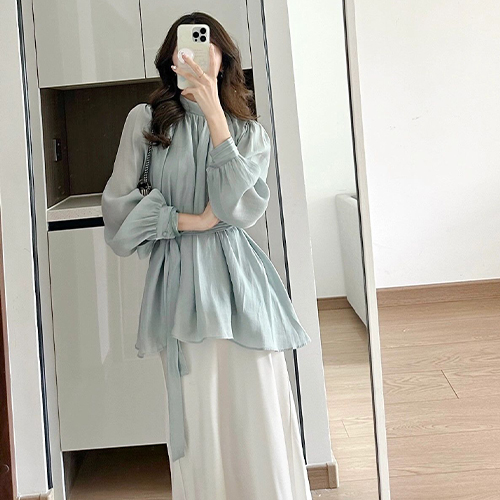 ◈[당일발송] 셔링 스트랩 블라우스 롱 플레어 스커트 2SET