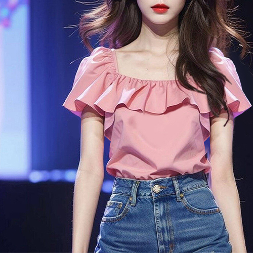 핑크 스퀘어 프릴 블라우스