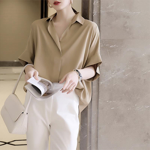 모던 오버핏 오픈카라 블라우스