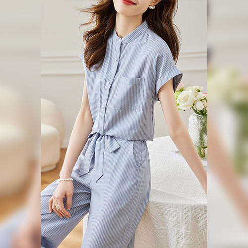 ★수요특가 50%★◈[당일발송] 스트라이프 차이나 카라 블라우스&리본끈 와이드 팬츠 2SET