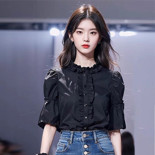 ★금요특가 자정마감 30%★블랙 퍼프 프릴 블라우스