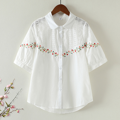 ◈[당일발송] 시스루 플라워 자수 카라 블라우스