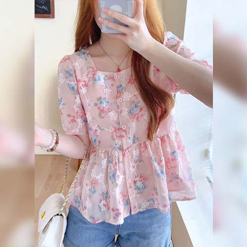 ◈[당일발송] 스퀘어 자수 플라워 패턴 블라우스